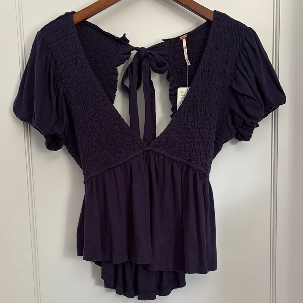 Free People Navy Smocked V-Neck Tie-Back Peplum Top